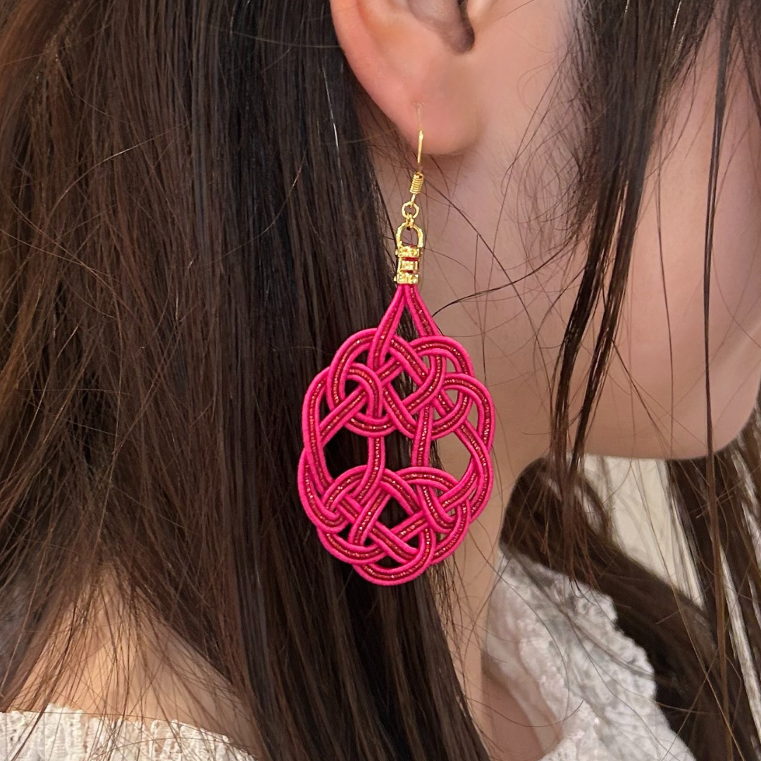 水引袈裟結びピアス ピンク×レッド